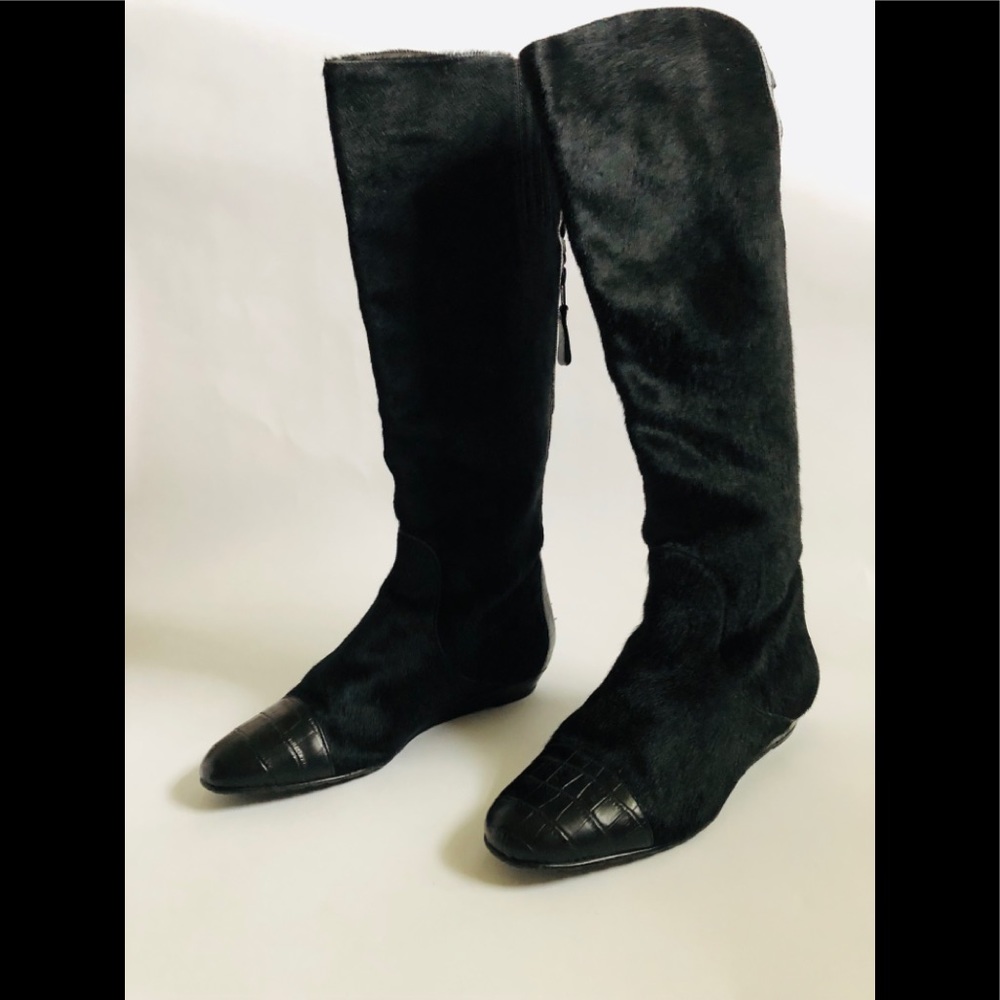 Migliorini Calf Hair Low Wedge Knee High Boots 8.
